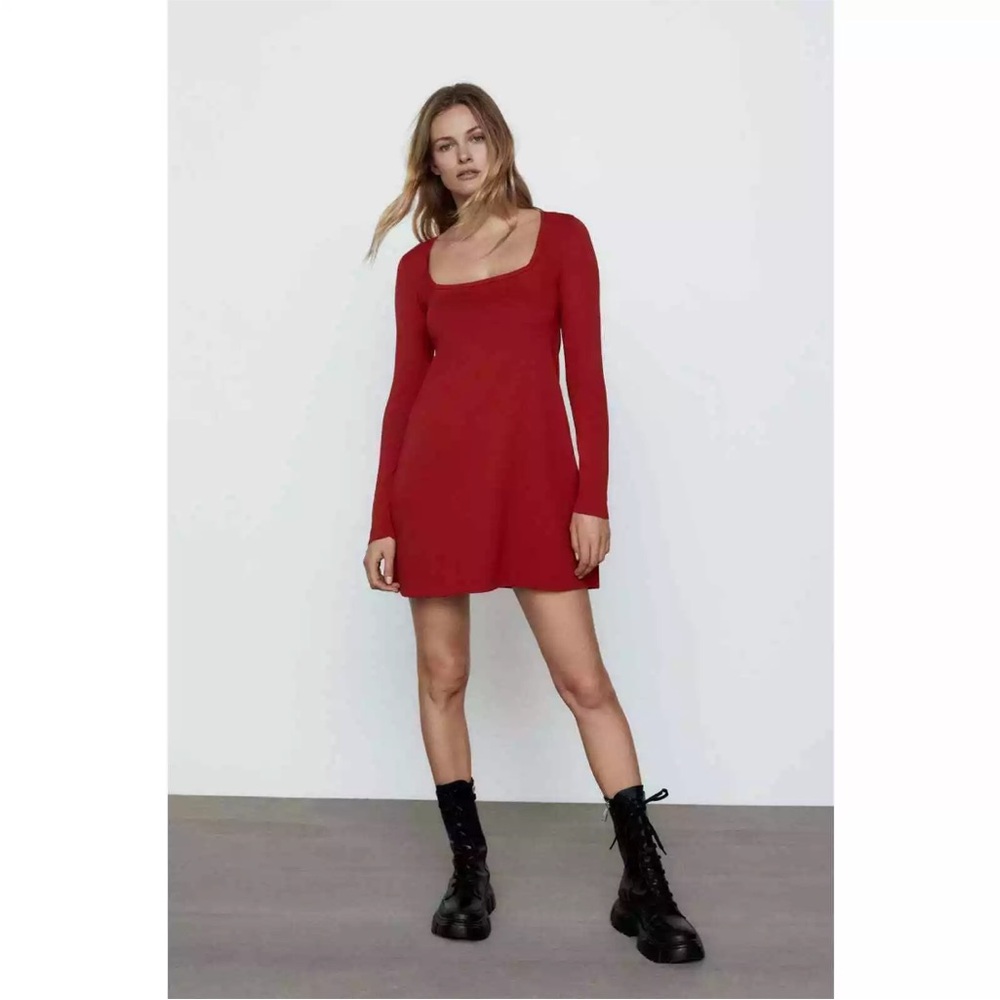 ZARA Red Knit Long Sleeve Square Neck Mini Dress In Size Small